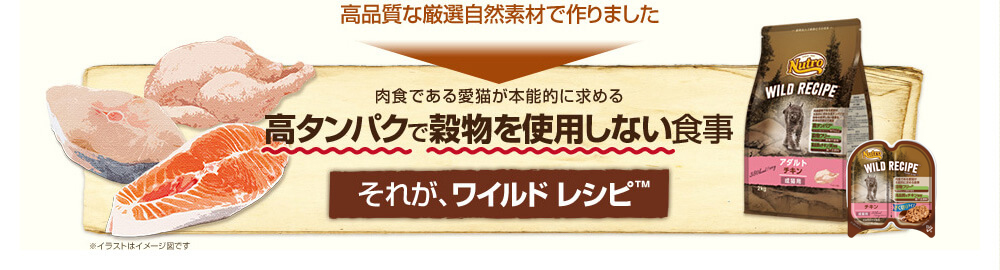 肉食である愛猫が本能的に求める高タンパクで穀物を使用しない食事 それが、ワイルド レシピ™